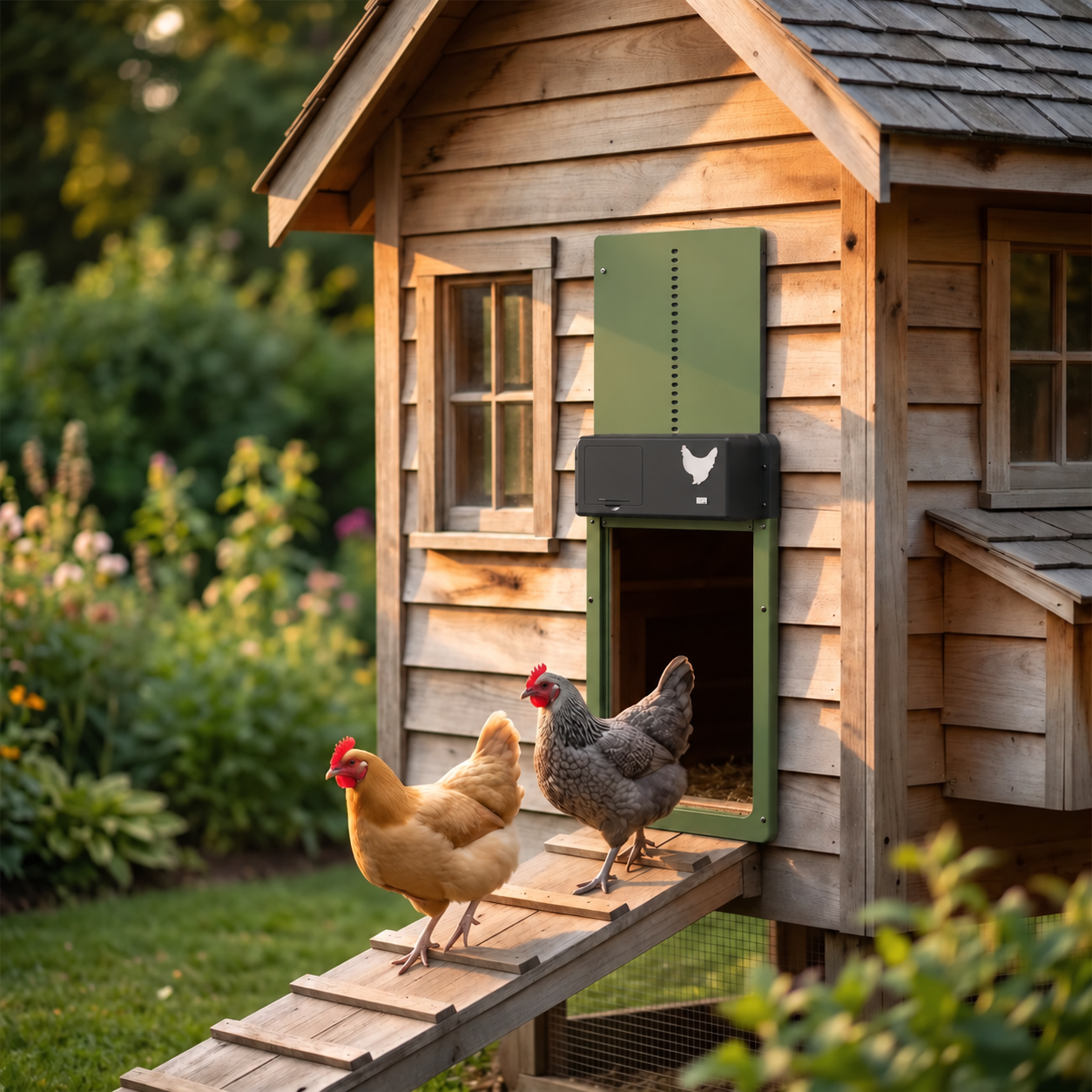Porte automatique CLARIS Aube installée sur un poulailler en bois dans un jardin