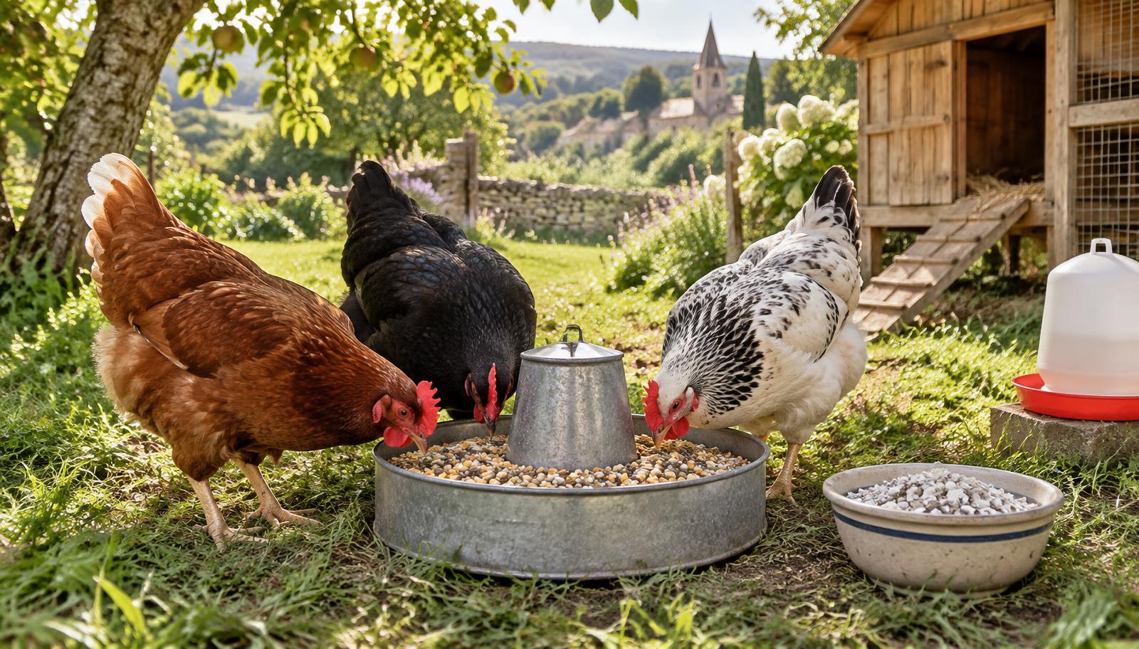 Trois poules mangeant des granulés et des céréales dans une mangeoire propre