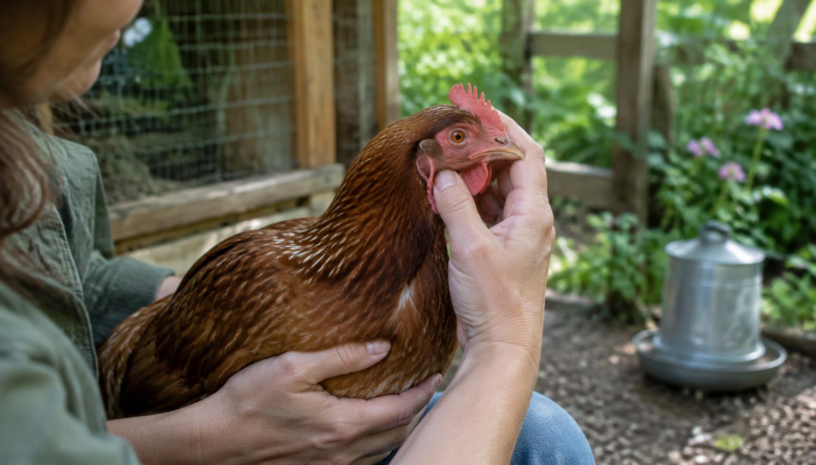Mains examinant la tête et les yeux d'une poule rousse dans un jardin