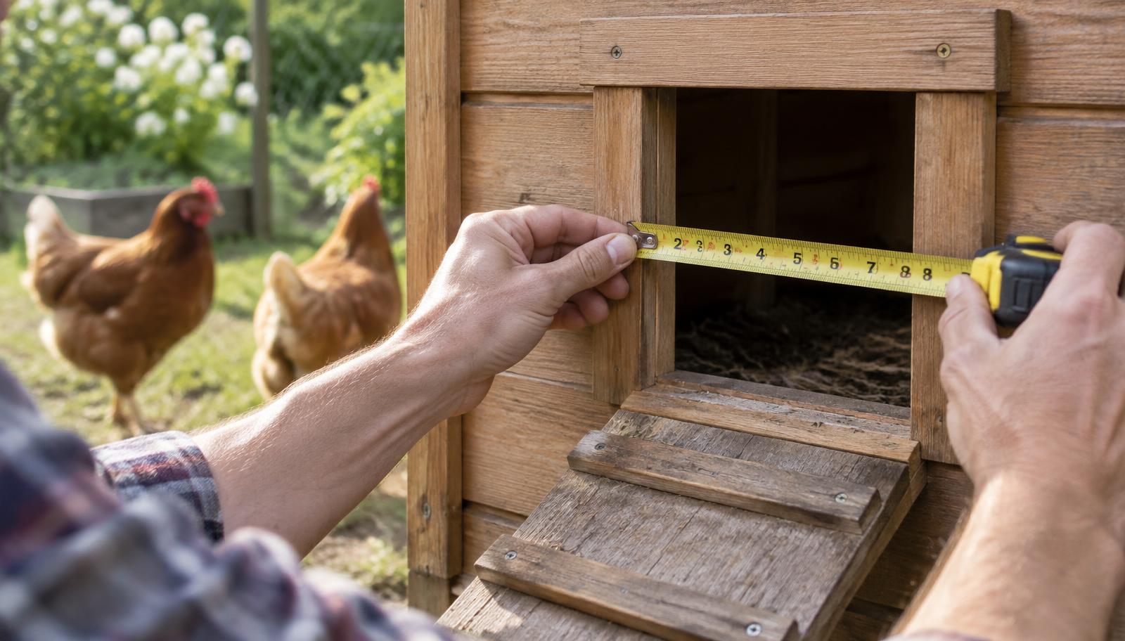 Mesure au mètre ruban de l'ouverture d'une porte de poulailler en bois, deux poules rousses dans le jardin