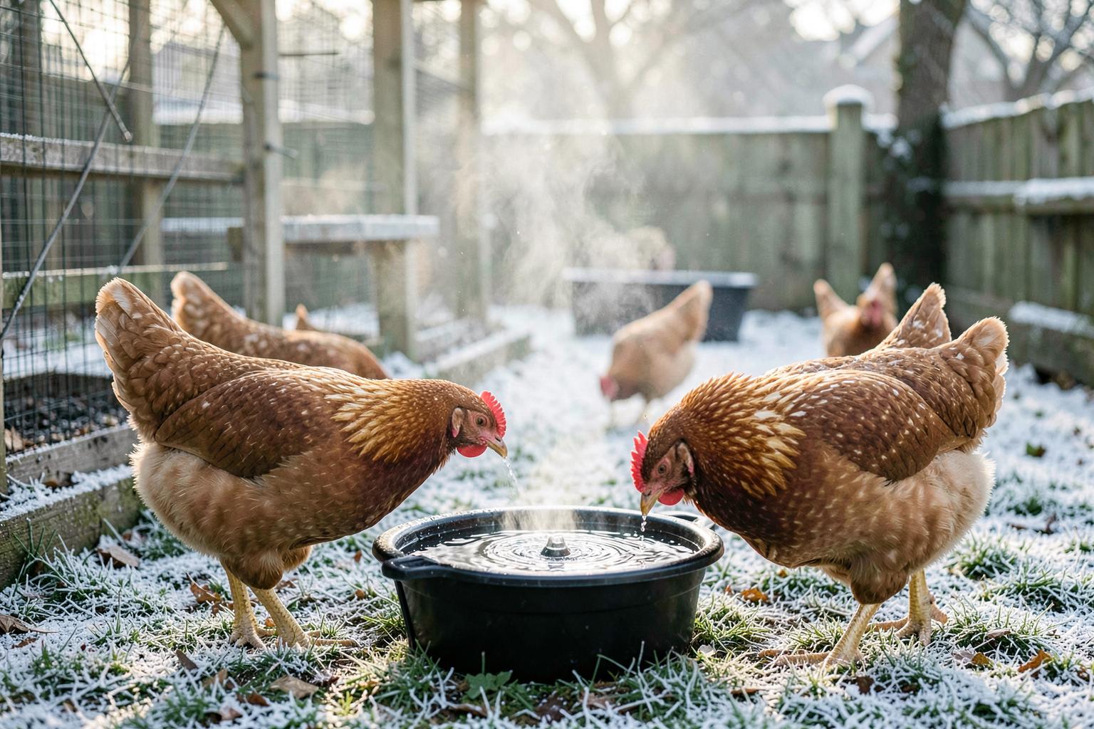 Poules buvant dans un abreuvoir par un matin d'hiver gelé