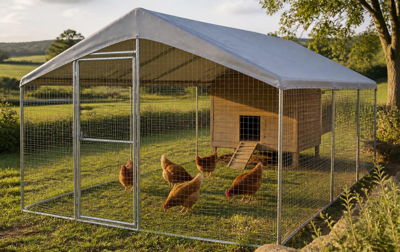 Enclos pour poules en acier galvanisé avec toit imperméable dans un jardin
