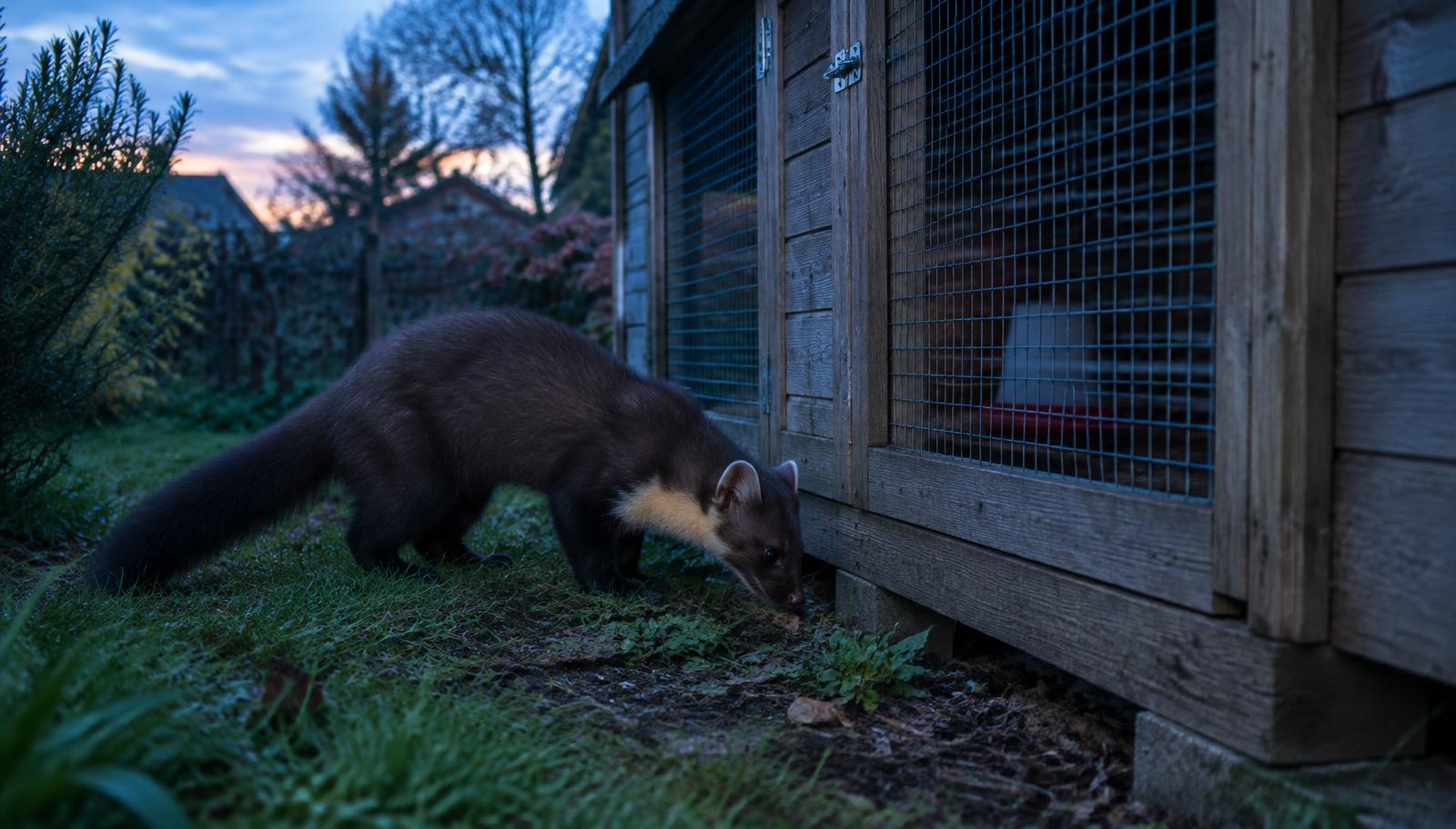 Fouine reniflant le bas d'un poulailler en bois grillagé au crépuscule