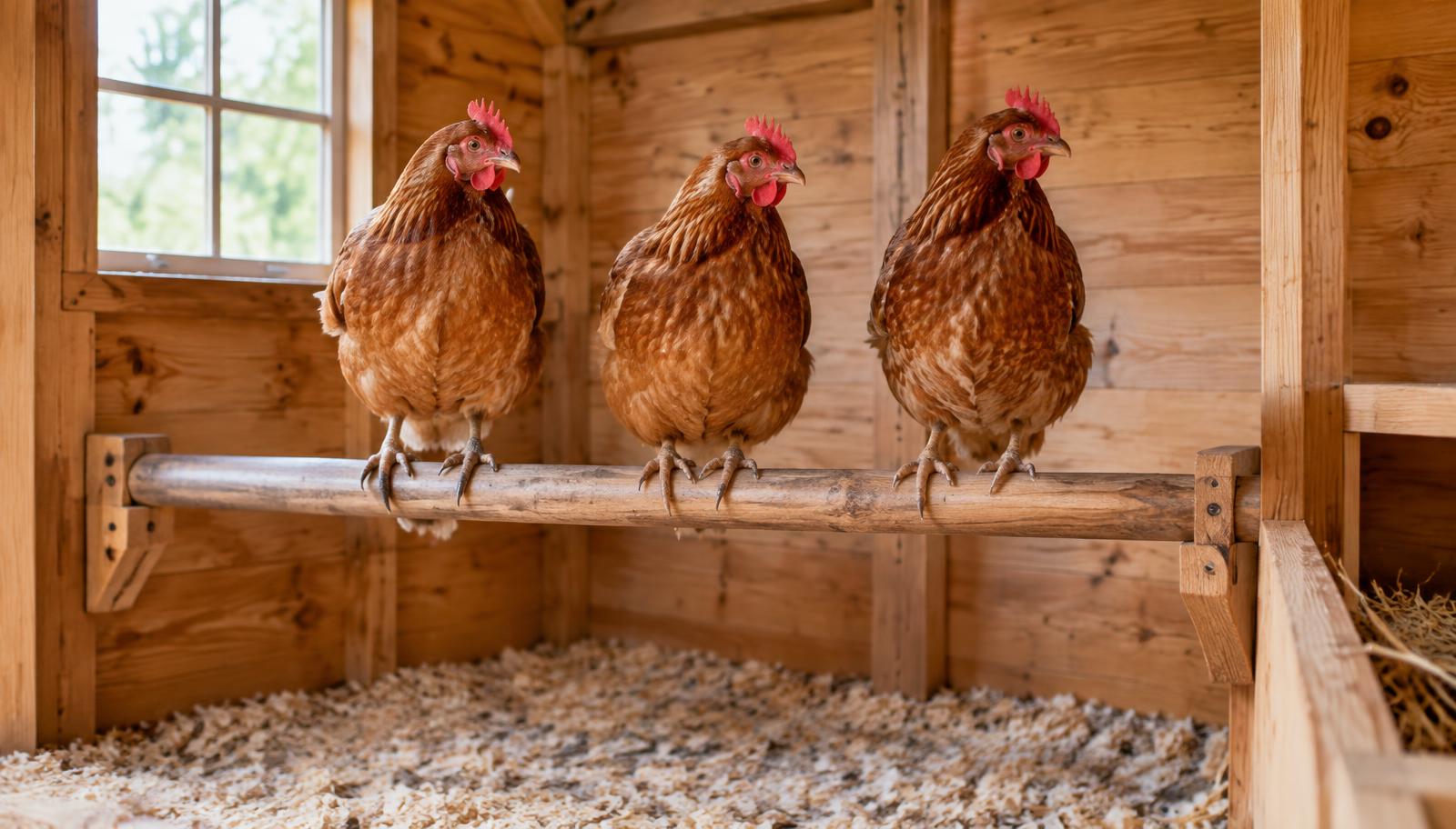Trois poules rousses perchées sur une barre de perchoir en bois arrondi dans un poulailler, litière de copeaux en dessous