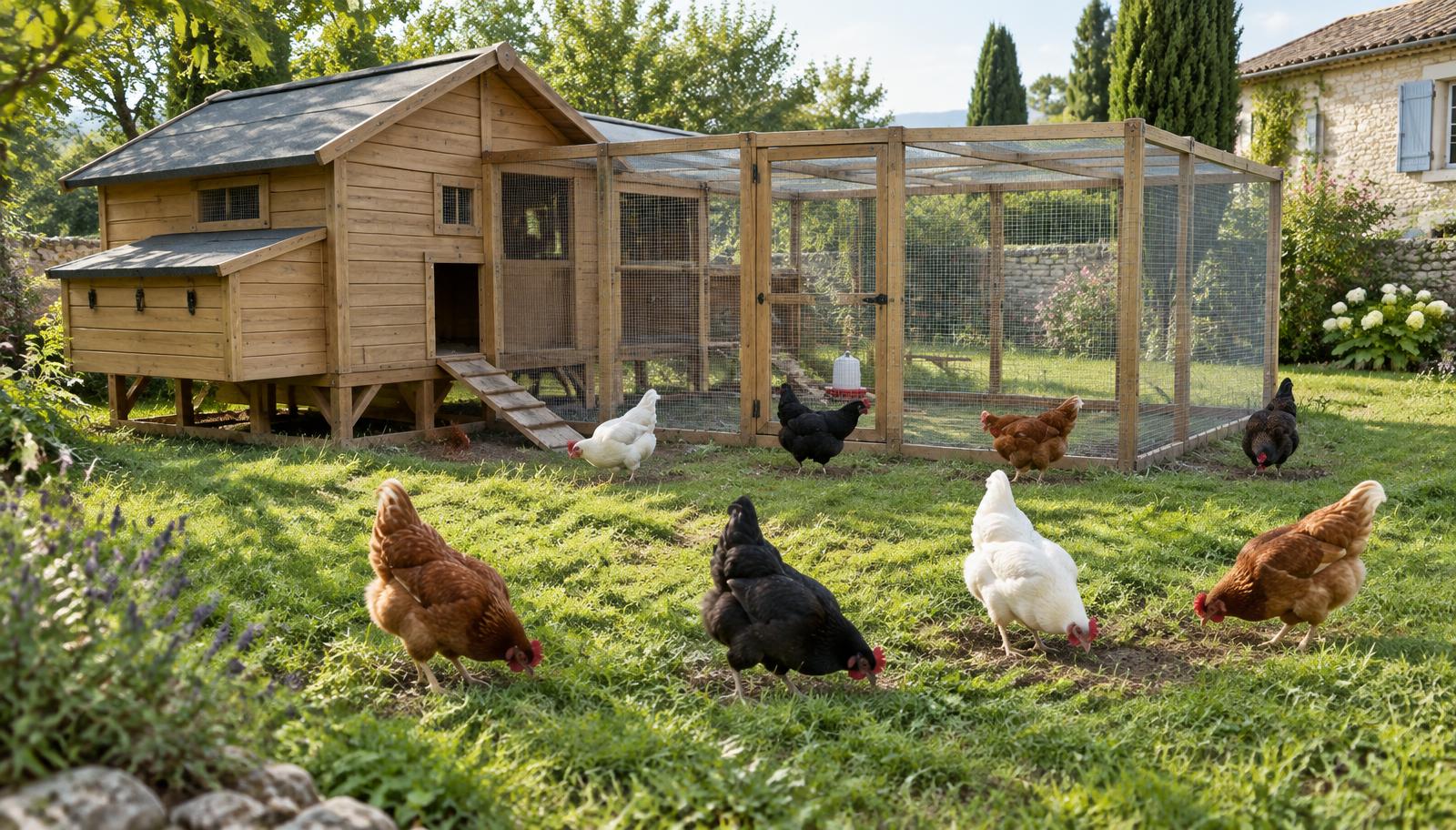 Grand poulailler en bois sur pieds avec parcours grillagé, huit poules rousses, noires et blanches dans un jardin