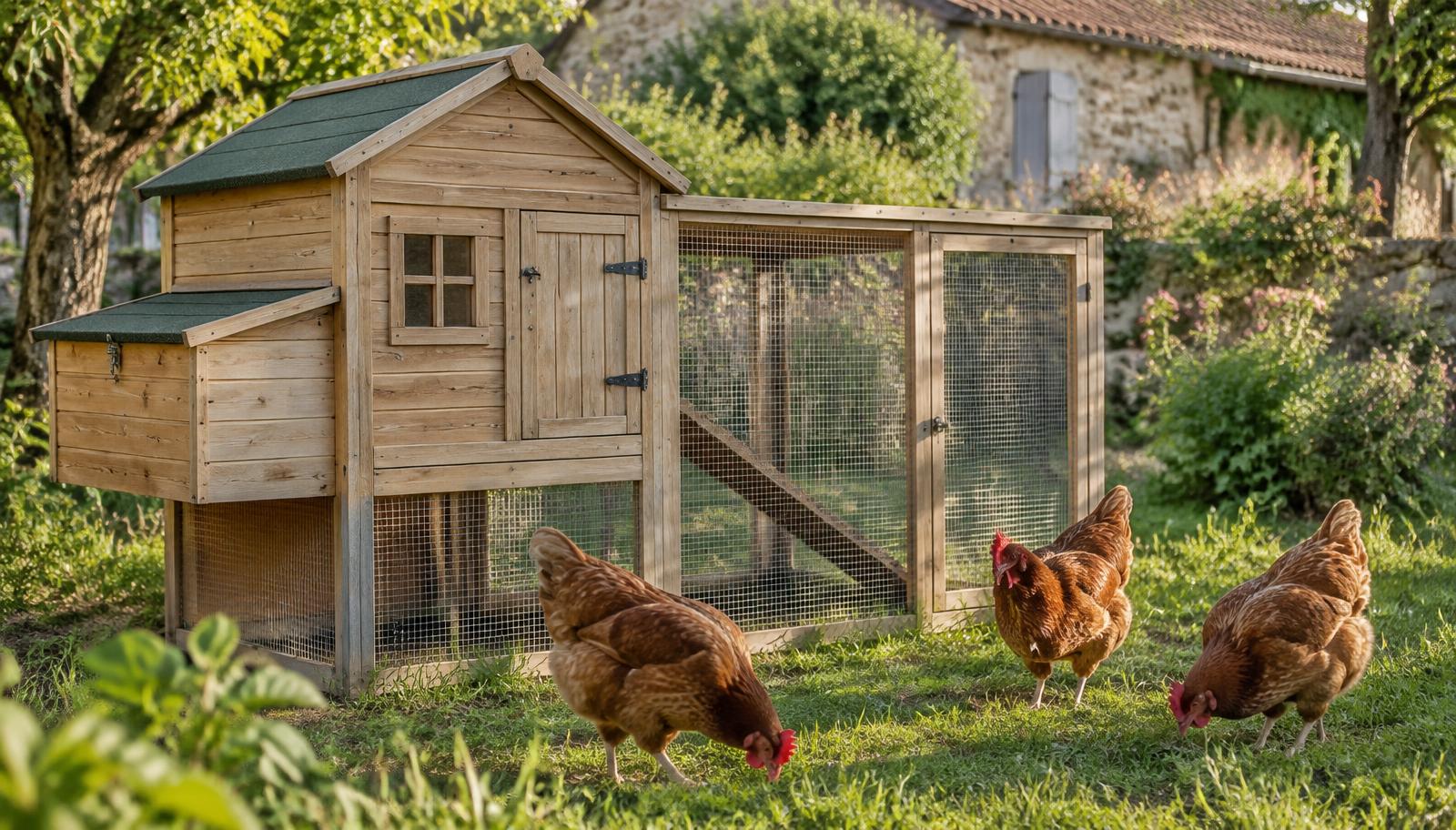 Poulailler en bois avec toit bitumé vert et enclos grillagé, trois poules rousses picorant dans le jardin