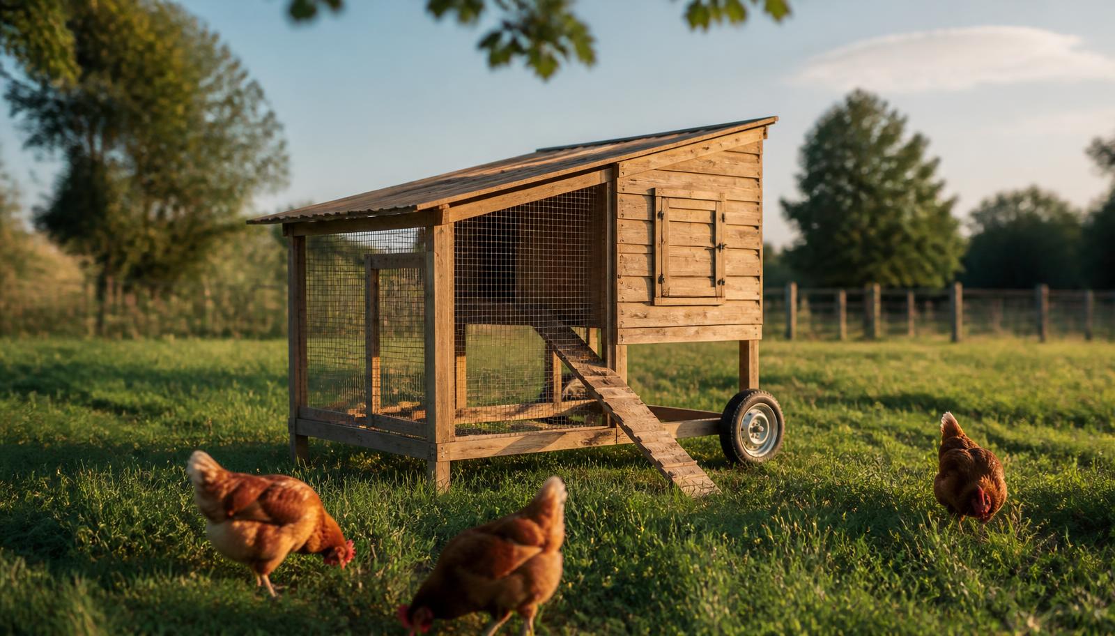Poulailler mobile en bois sur roues dans un pré avec des poules