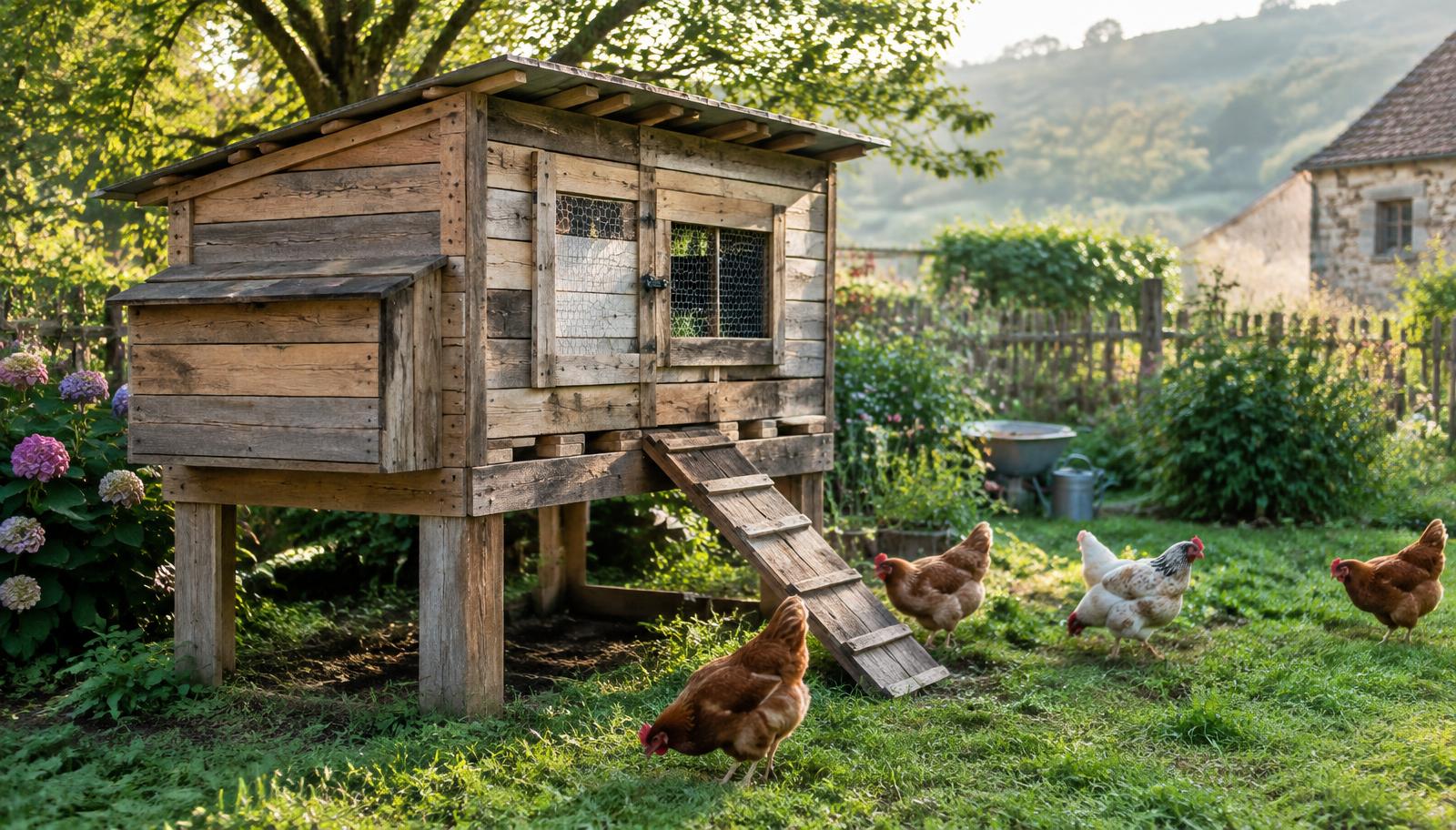 Poulailler surélevé construit en bois de palettes récupérées, avec rampe et poules dans un jardin