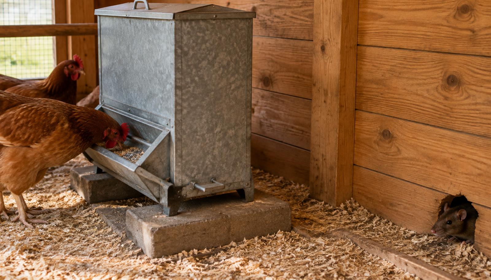 Rat sortant d'un trou dans un poulailler en bois près d'une mangeoire en acier galvanisé