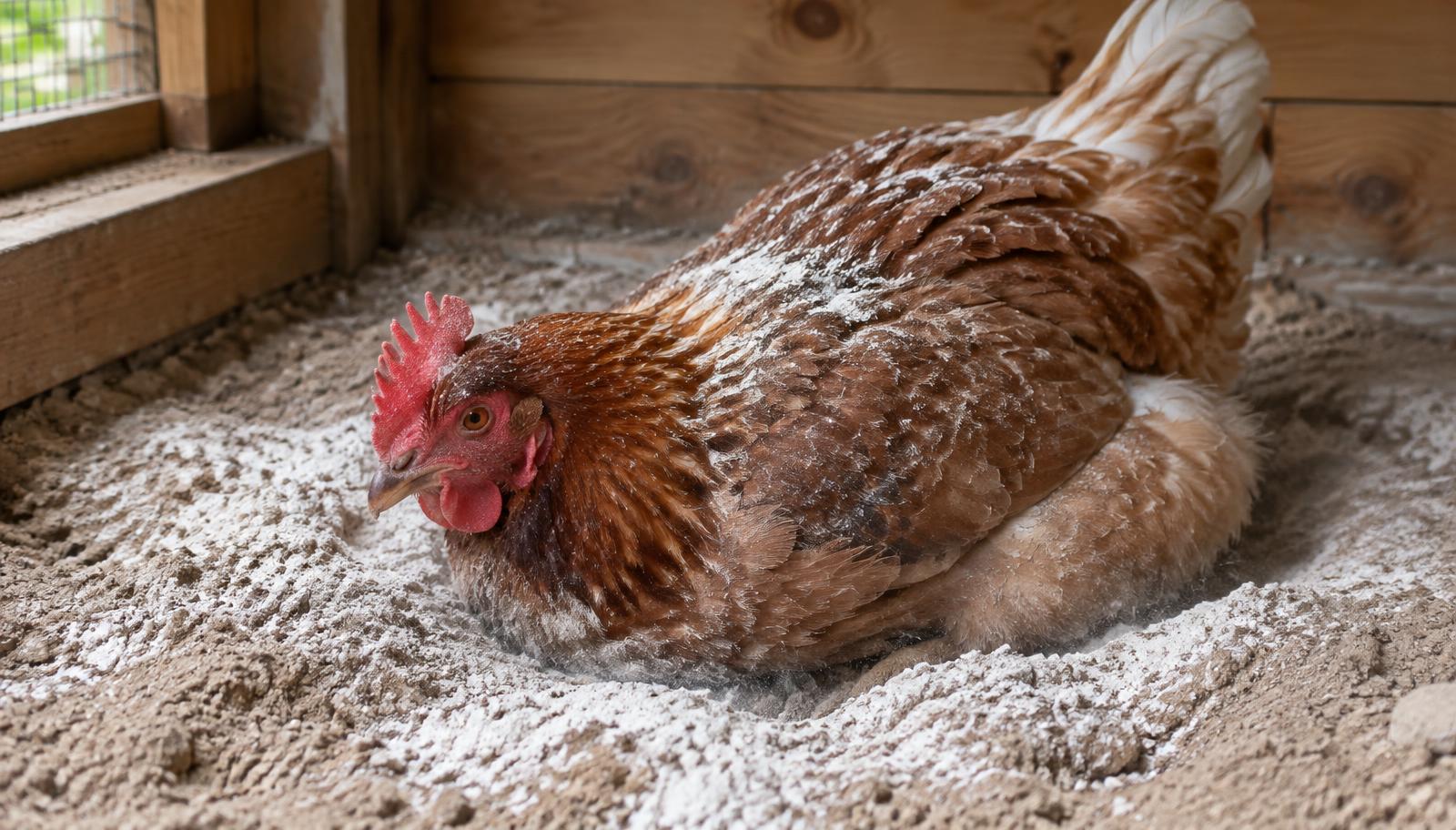 Poule rousse prenant un bain de poussière dans du sable mêlé de terre de diatomée blanche, dans un poulailler en bois