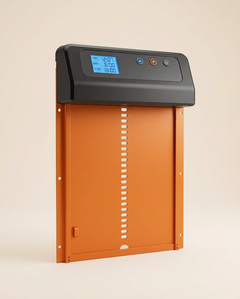 Porte automatique de poulailler CLARIS Horizon, packshot studio sur fond crème