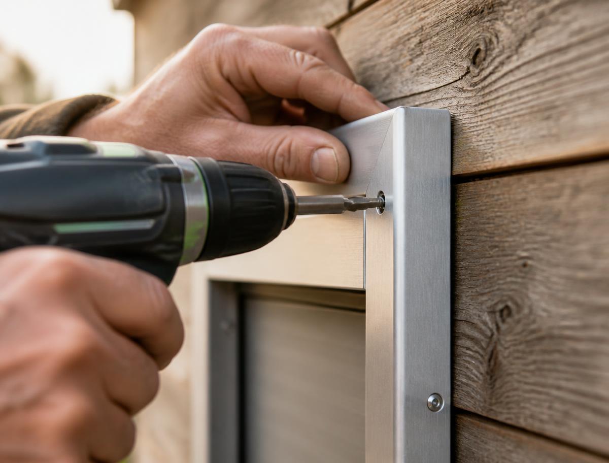 Installation du cadre aluminium d'une porte automatique sur un poulailler en bois