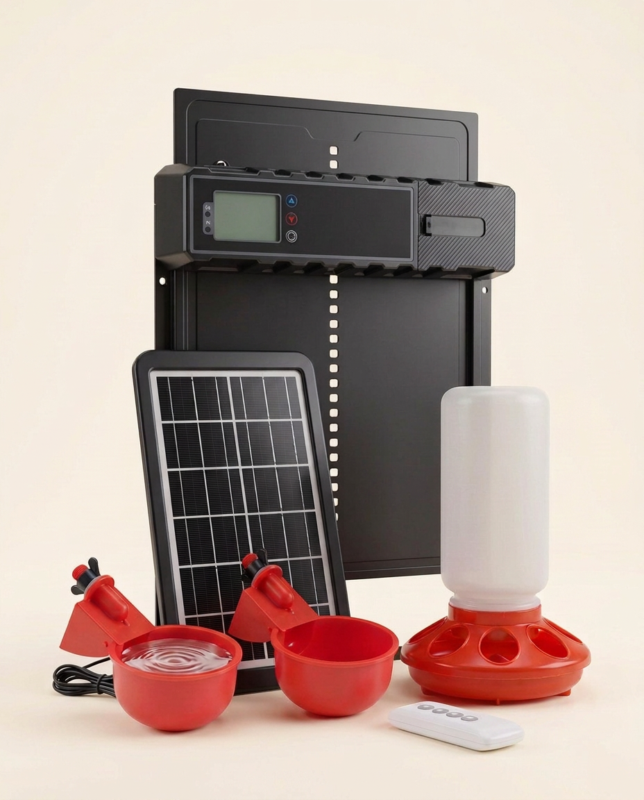 Pack Autonomie CLARIS avec porte automatique solaire Solaris, abreuvoirs à godets et mangeoire renforcée