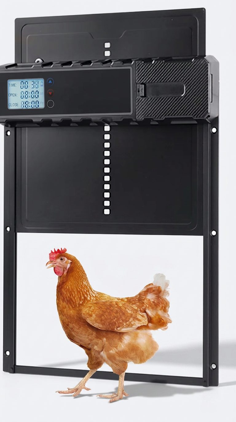 Portier automatique de poulailler ouvert au petit matin