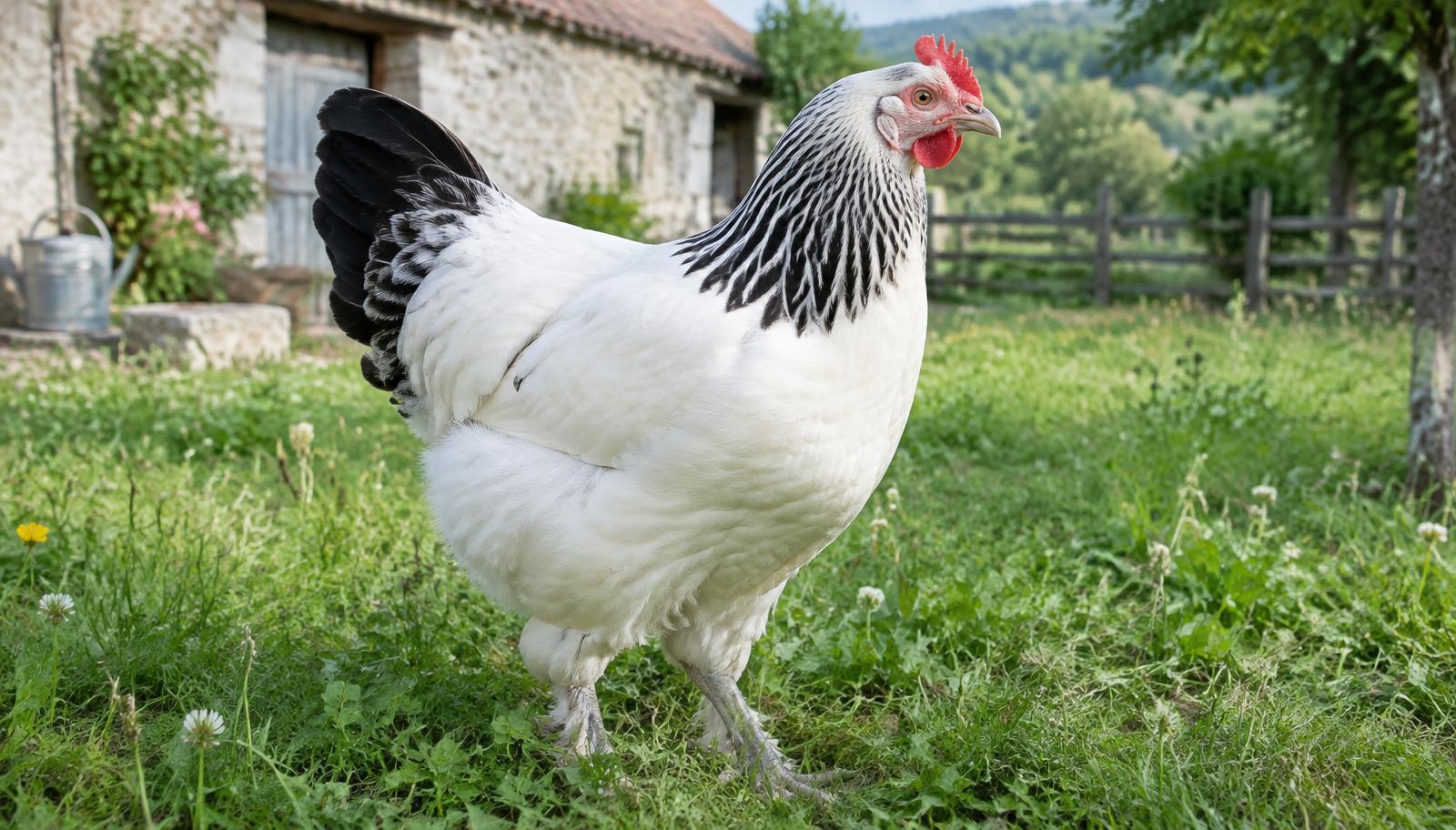 Poule Bourbonnaise blanche au camail et à la queue noirs dans une cour de ferme