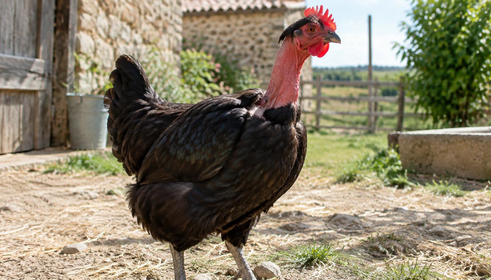 Poule Cou nu noire au cou rouge dénudé dans une cour de ferme