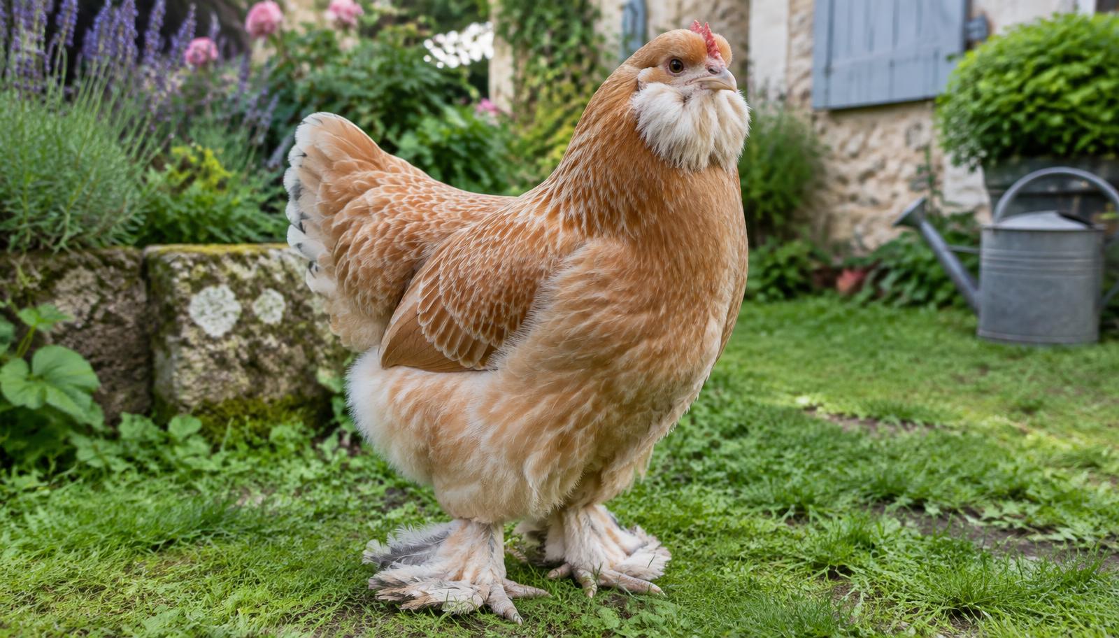 Poule Faverolles saumon avec barbe et favoris dans un jardin