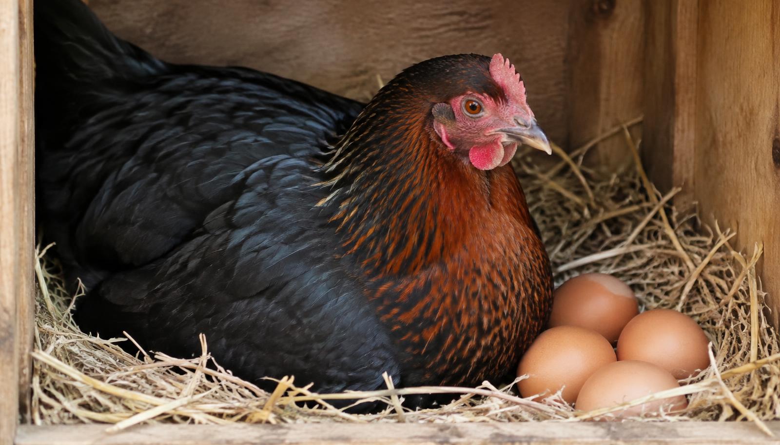 Poule Harco noire au poitrail cuivré à côté d'œufs bruns dans un pondoir