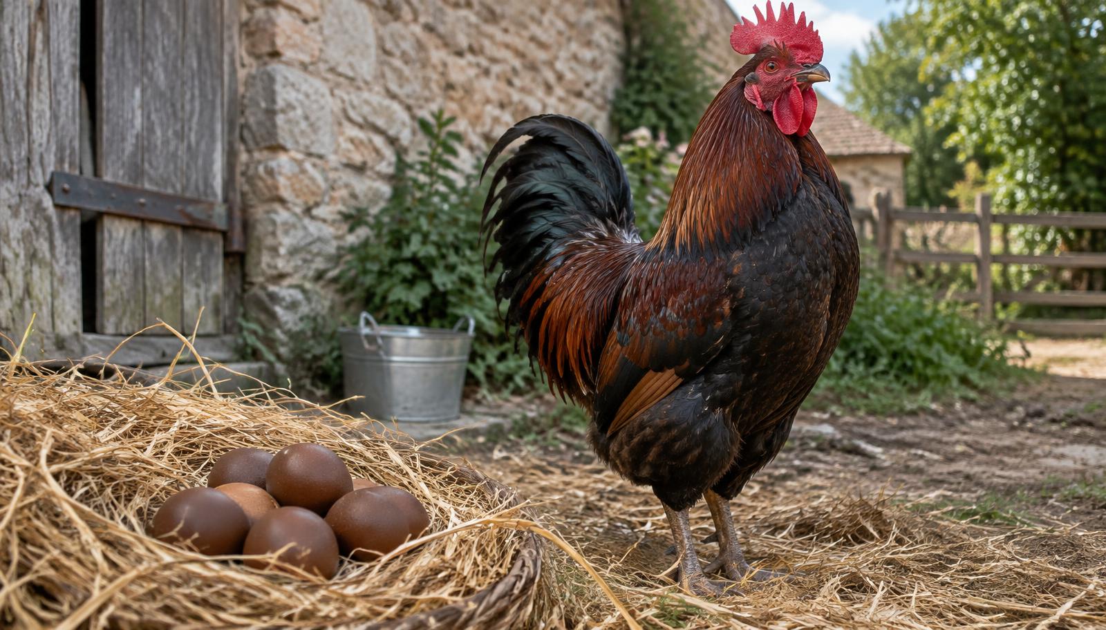 Coq Marans noir cuivré dans une cour de ferme avec des œufs chocolat