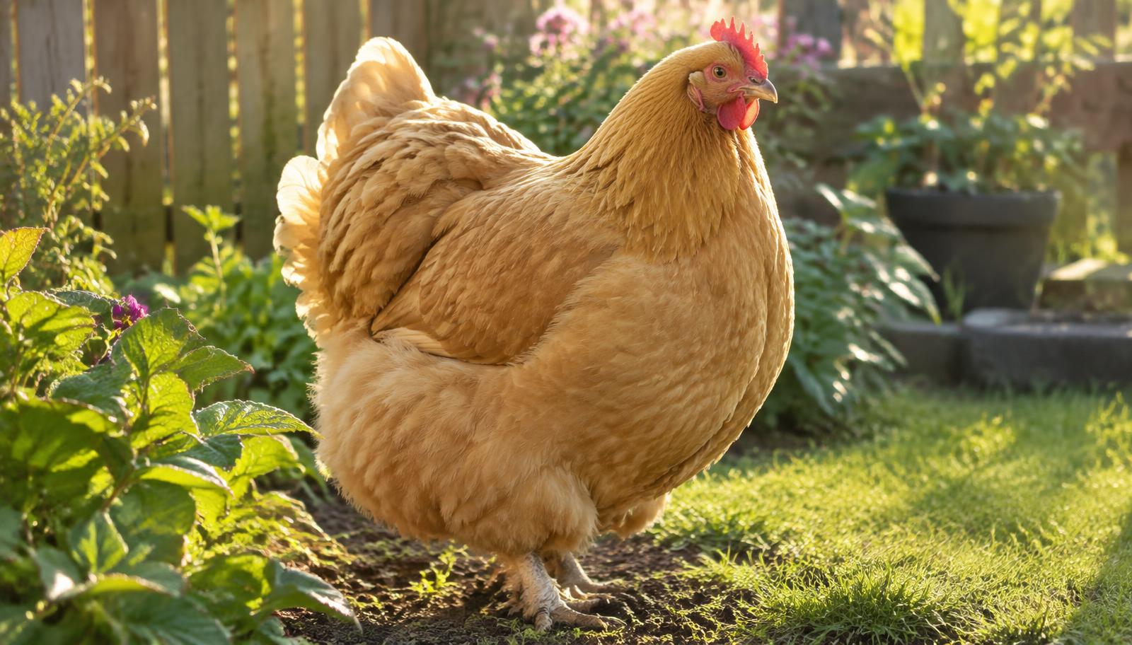 Grande poule Orpington fauve au plumage abondant dans un jardin