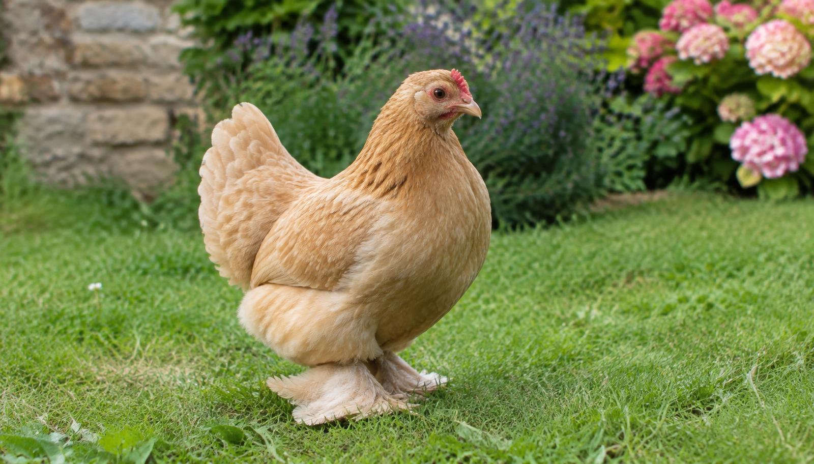 Poule Pékin fauve aux pattes emplumées dans un jardin