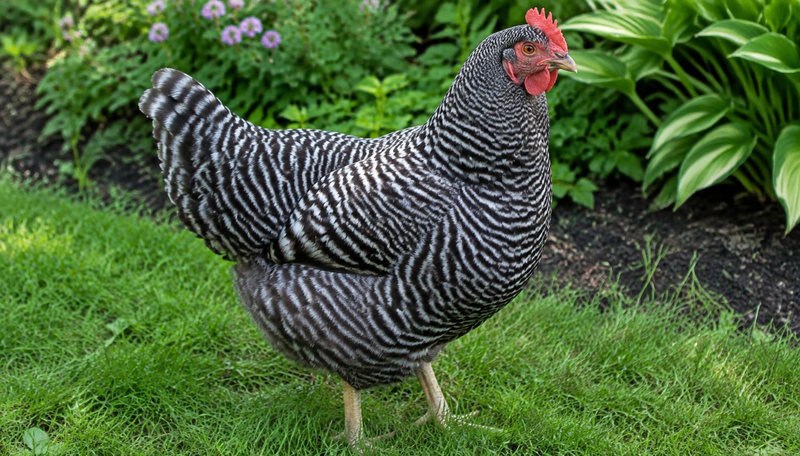 Poule Plymouth Rock barrée noir et blanc sur l'herbe