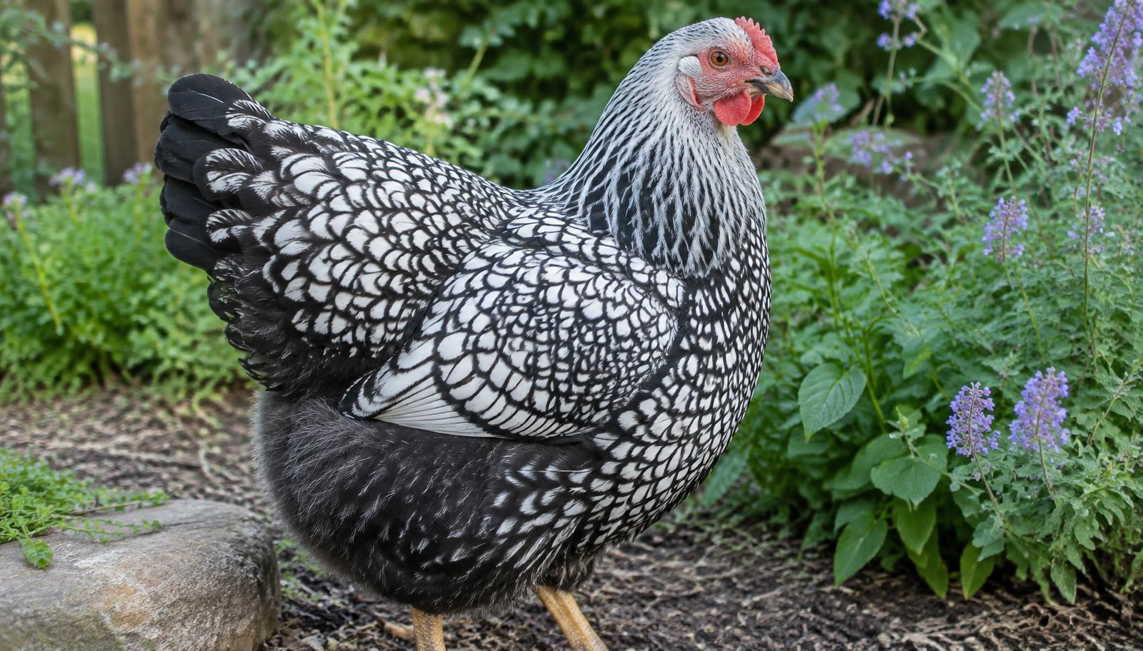 Poule Wyandotte argentée liserée noir dans un jardin