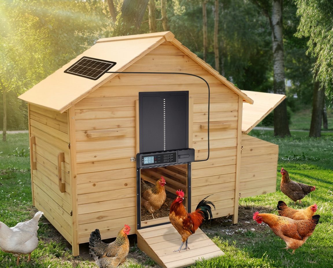 Porte automatique solaire CLARIS Solaris installée sur un poulailler en bois, poules et coq dans le jardin